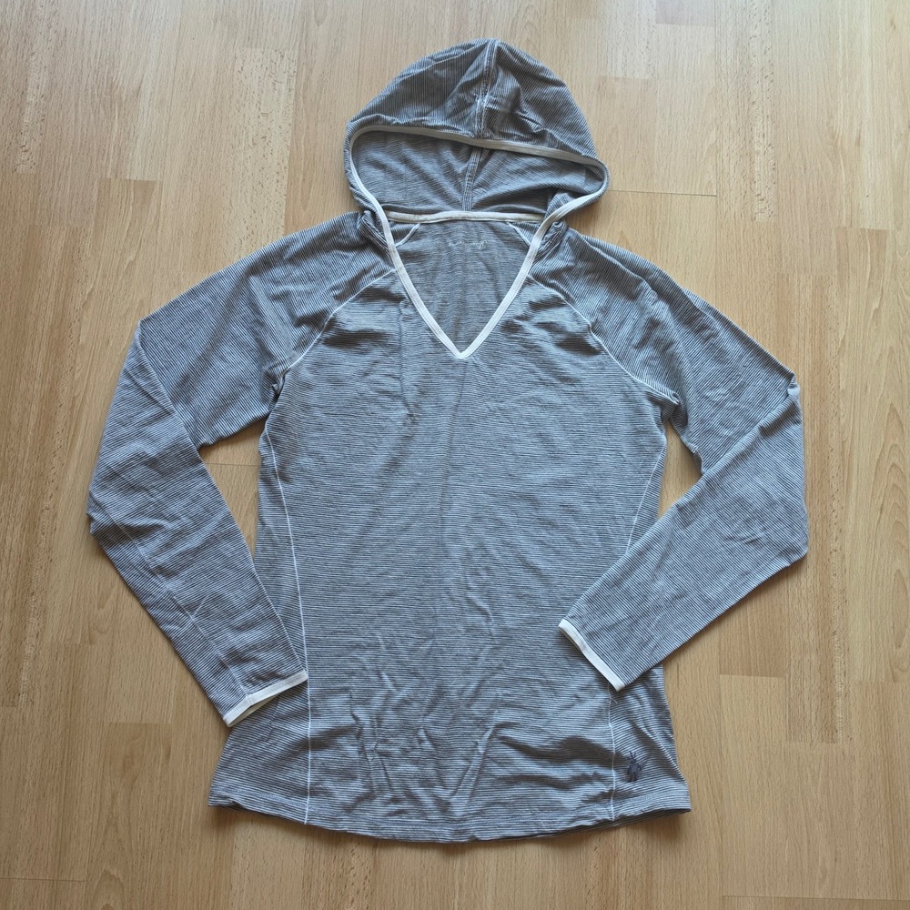 Smartwool Hoodie Women Small Grey Stripe Merino Wool Base Layer Active FLAWS